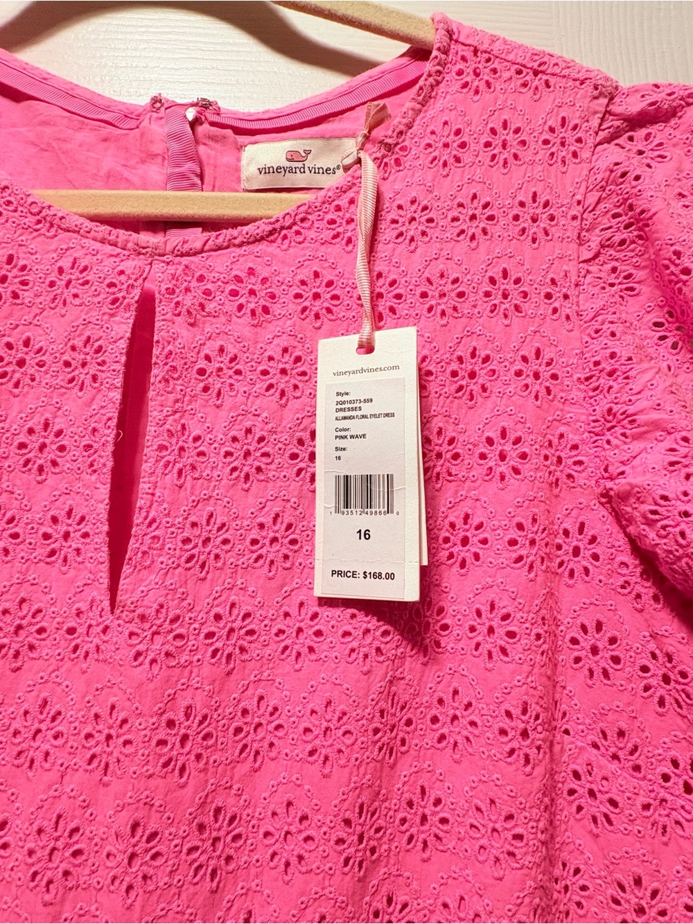 Vineyard Vines Bright Pink Eyelet Ruffle-Hem Lined Dress Size 16 - Picture 5 of 10